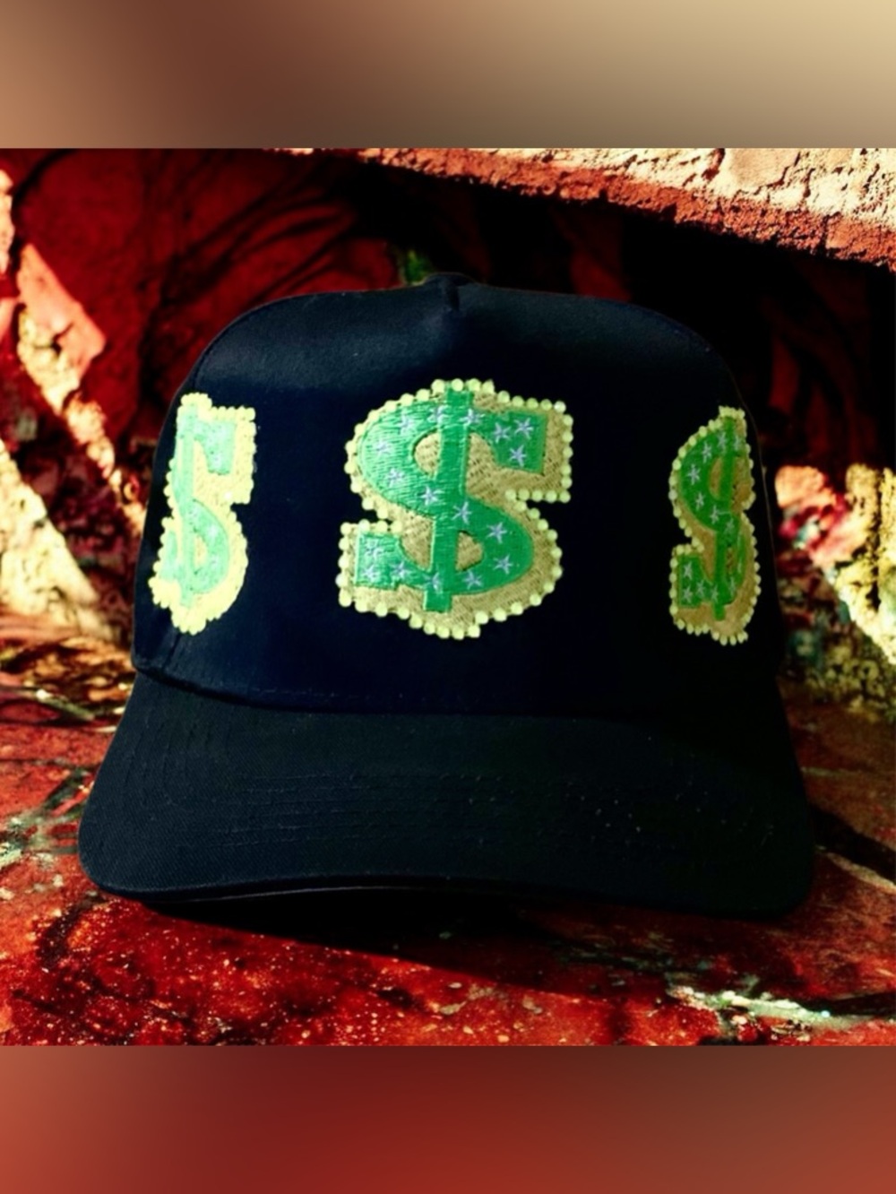 Black Cap with Green & Gold Dollar Sign